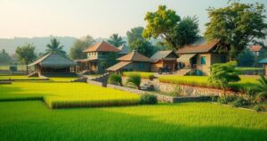 A serene village scene in Punjab with lush greenery and traditional homes, symbolizing hope and return.