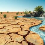 A dry landscape with cracked earth under a bright sun, highlighting areas at risk of drought and flooding.