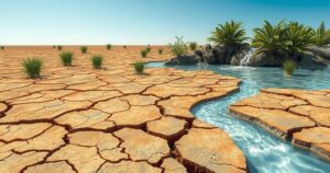 A dry landscape with cracked earth under a bright sun, highlighting areas at risk of drought and flooding.