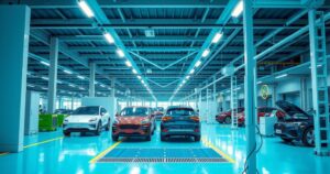 A modern electric vehicle assembly plant in Brazil's Camaçari, bustling with activity and innovation.