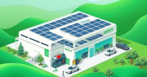 Electric vehicle assembly facility in Brazil with modern architecture and green surroundings, showcasing sustainability.