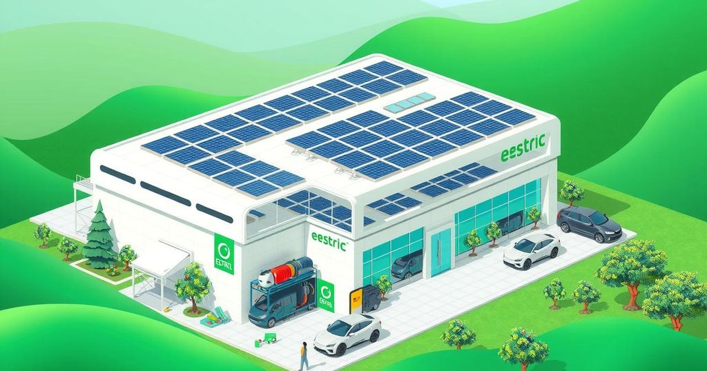 Electric vehicle assembly facility in Brazil with modern architecture and green surroundings, showcasing sustainability.
