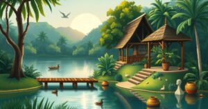 A serene landscape featuring lush greenery, a tranquil lake, and cultural elements representing Ghanaian heritage.