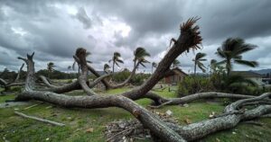 Destruction caused by cyclone with uprooted trees and damaged buildings under gray skies on La Reunion island.