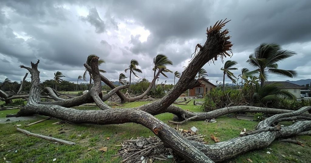 Destruction caused by cyclone with uprooted trees and damaged buildings under gray skies on La Reunion island.