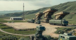 A military base with engineering equipment and soldiers in a serene landscape, representing international military cooperation.