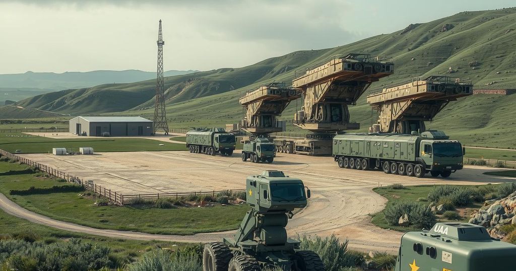 A military base with engineering equipment and soldiers in a serene landscape, representing international military cooperation.