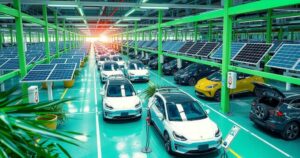 An assembly plant showcasing electric vehicles, solar charging stations, and green technology for sustainable transport.