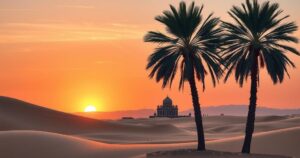 Desert landscape featuring palm trees and a distant ancient structure under a sunset sky.