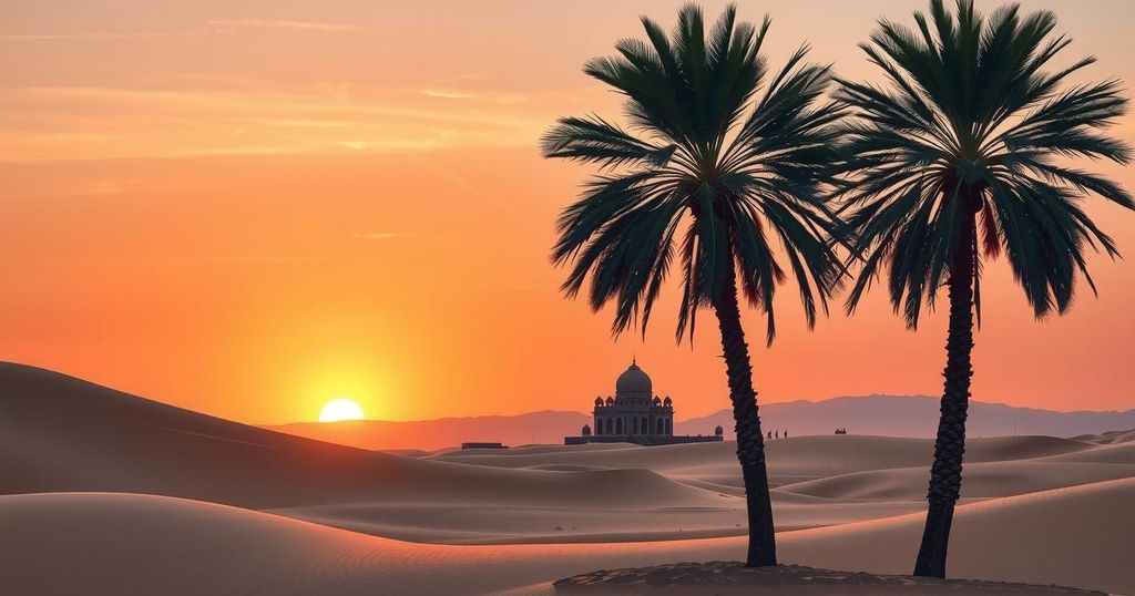 Desert landscape featuring palm trees and a distant ancient structure under a sunset sky.