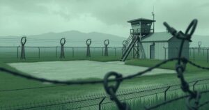 A tranquil prison landscape with a guard tower and barbed wire, showcasing a serene sky and lush greenery without humans.