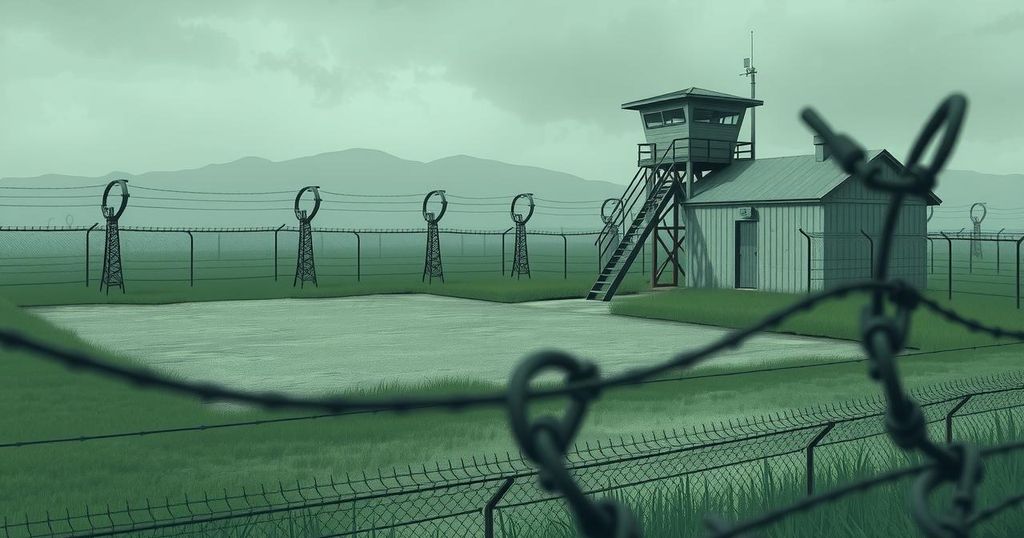 A tranquil prison landscape with a guard tower and barbed wire, showcasing a serene sky and lush greenery without humans.