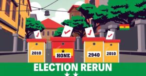 Ghanaian election rerun poster with vibrant colors featuring ballot boxes and a diverse civic engagement background.