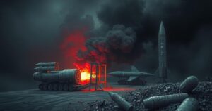 A dramatic scene depicting artillery shells and missiles against a darkened background, representing military engagements.
