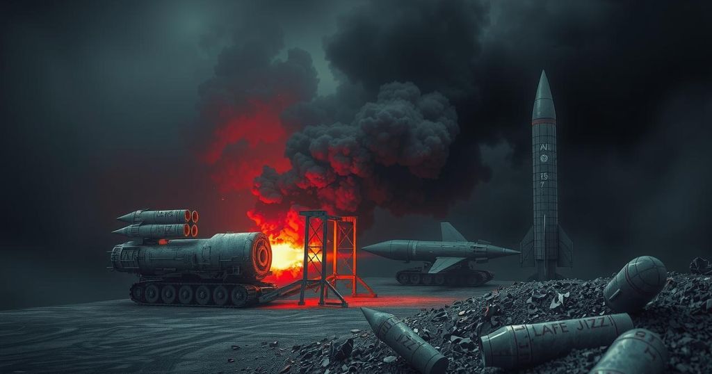 A dramatic scene depicting artillery shells and missiles against a darkened background, representing military engagements.
