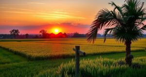 A serene landscape featuring a peaceful sunset over a lush green field, evoking a sense of remembrance and healing.