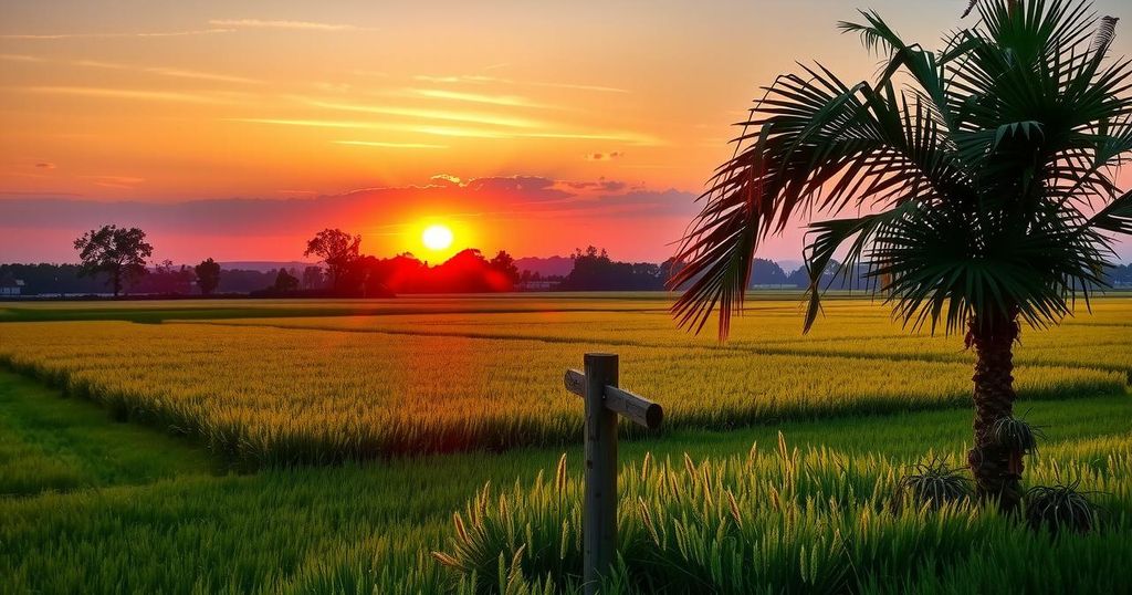 A serene landscape featuring a peaceful sunset over a lush green field, evoking a sense of remembrance and healing.