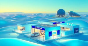 A conceptual electric vehicle showrooms illustration showcasing growth in Saudi Arabia with EVs in a modern style.