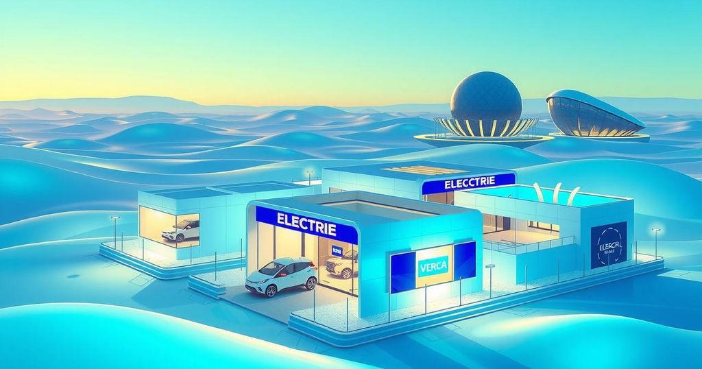 A conceptual electric vehicle showrooms illustration showcasing growth in Saudi Arabia with EVs in a modern style.