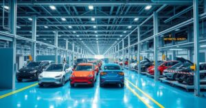 Electric vehicle factory in Brazil with modern assembly lines and vehicles under production.