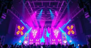 Colorful and energetic K-pop music scene with dynamic lighting and vibrant stage elements.