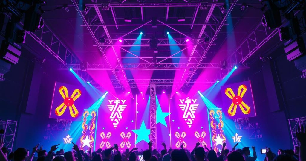 Colorful and energetic K-pop music scene with dynamic lighting and vibrant stage elements.