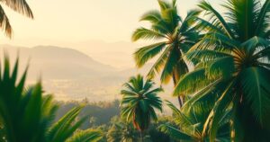 Hazy skies over a tropical landscape with vibrant greenery and sunlight peeking through clouds.