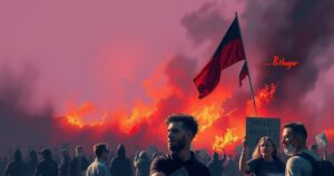 A dramatic scene of protest, with flames and smoke filling the air amid tension, in a muted color palette.