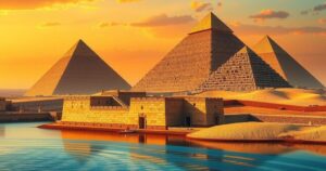 A scenic view of the Pyramids and the Nile River under a golden sunset, symbolizing cultural richness and adventure.