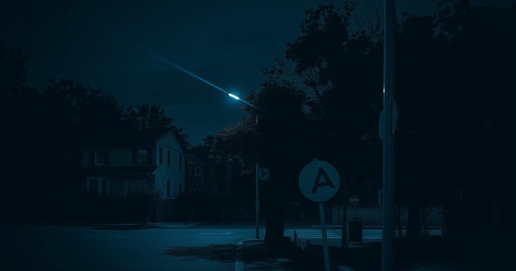 Dark atmosphere of an urban landscape at night with dim streetlights and silhouettes of trees reflecting ominous tension.