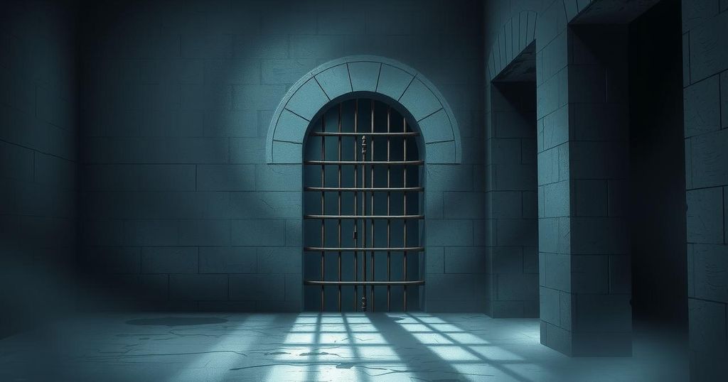 A dark and ominous prison cell with cold concrete walls and a single barred window letting in faint light.