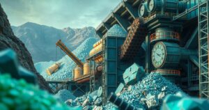 Vibrant visual of rare earth elements and mining, showcasing strong colors and industrial themes in a modern style.