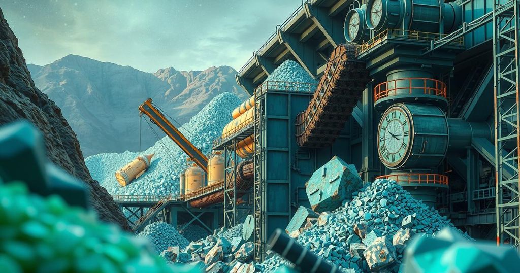 Vibrant visual of rare earth elements and mining, showcasing strong colors and industrial themes in a modern style.