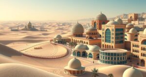 Oman's personal income tax announcement influencing Gulf economies in a desert landscape with modern architecture and sunshine