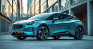 Futuristic electric vehicles showcasing innovative design and technology against a modern city backdrop.
