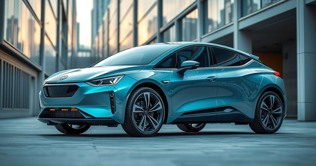 Futuristic electric vehicles showcasing innovative design and technology against a modern city backdrop.