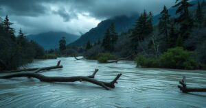 Dramatic landscape after heavy rains, showing flooded terrain and fallen trees, in a mountainous region with dark stormy skies.