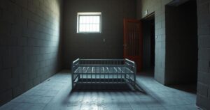 A prison cell interior with bare walls, a metal bed, and a small window reflecting light.