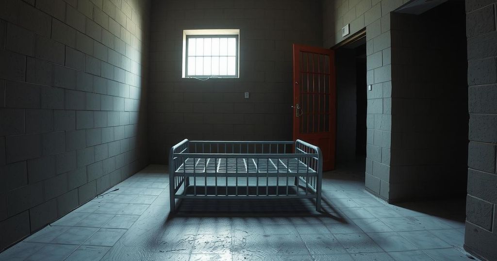A prison cell interior with bare walls, a metal bed, and a small window reflecting light.