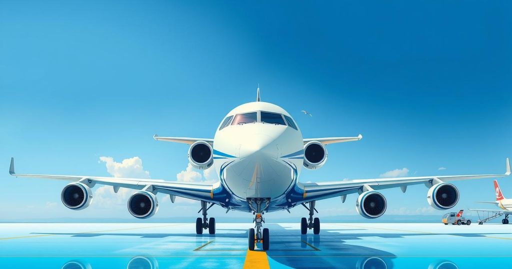 A government aircraft at an airport with a blue sky backdrop depicting an official state visit vibe.