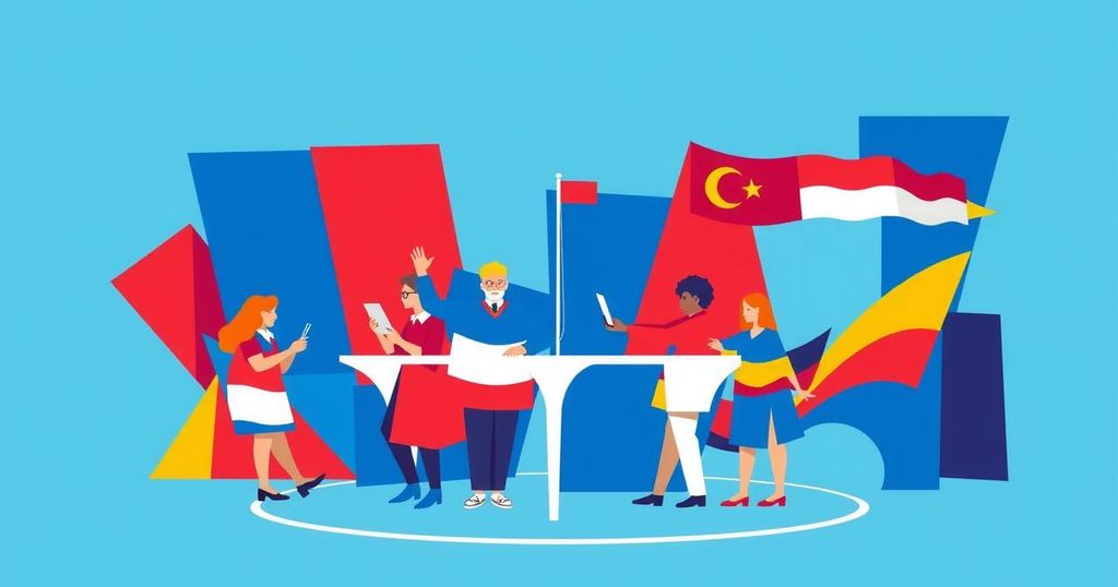 Colorful abstract representation of unity and political discourse among multiple parties in a digital meeting.