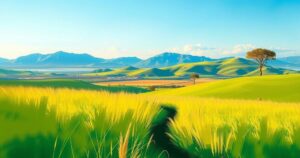A serene landscape of an Angolan minefield under clear blue skies, symbolizing hope and healing from war remnants.