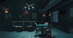 A dimly lit bar interior with empty chairs and tables, evoking a somber atmosphere.