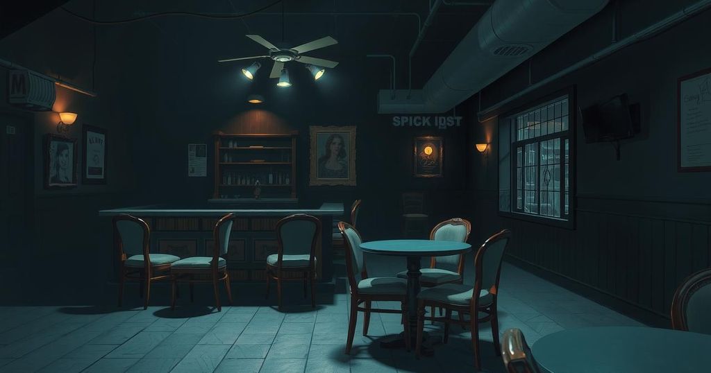 A dimly lit bar interior with empty chairs and tables, evoking a somber atmosphere.