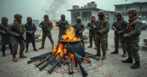Kurdish fighters symbolically disarm, burning weapons in a cauldron, signifying peace efforts in the Kurdish conflict.