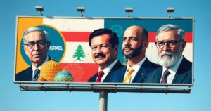 Billboards promoting peace between Israel and Arab leaders, featuring vibrant colors and bold designs.