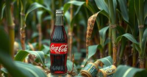 Cane sugar concept with a vintage Coca-Cola bottle amidst sugar cane fields, in a vibrant color palette.
