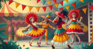 Vibrant carnival scene showcasing competitors with colorful costumes and lively props, celebrating music and culture.