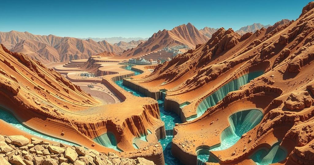 Moroccan mountainscape showcasing mining activity with snake-green serpentinite and rich mineral deposits.