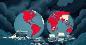 A conceptual representation of global tension, depicting interconnected regions and military symbols in a dramatic color scheme.